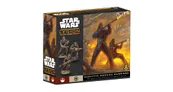 A box for the "Star Wars: Legion" game features a dynamic illustration of Kashyyyk Wookiee warriors in action, with two prominent Wookiees wielding blasters amidst a fiery backdrop. The left side of the box displays three detailed miniatures of Wookiee warriors, showcasing their distinctive fur and weaponry. The title "Kashyyyk Wookiee Warriors" is prominently displayed at the bottom, along with the game's branding and logos.