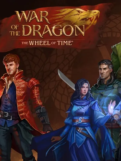 A colorful illustration features several characters from "War of the Dragon: The Wheel of Time," standing together against a textured background. On the left, a woman in a green dress and a man with fiery red hair and a red coat are prominent, while a blue-cloaked figure and others in various outfits represent the diverse cast. The title "WAR OF THE DRAGON" is displayed at the top, accompanied by a dragon emblem, emphasizing the game's epic fantasy theme.