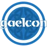 A circular logo featuring a blue background with a white outer ring. In the center, a stylized knot pattern is visible, symbolizing Celtic design. The word "gaelcon" is prominently displayed in white, with a slightly distressed font, emphasizing the convention's name.