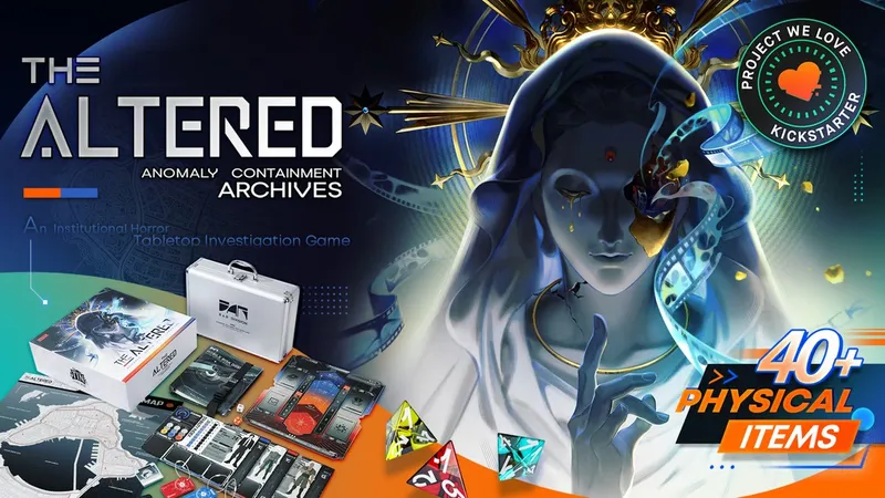 A robed figure with a golden crown, holding film reels, with text "40+ PHYSICAL ITEMS" and a Kickstarter badge.