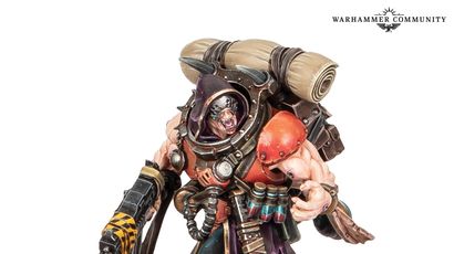 A muscular character from Necromunda stands confidently, wielding a large weapon in one hand. He wears a mix of dark and vibrant armor, featuring orange and black accents, and has a large backpack with rolled-up materials. His fierce expression and detailed gear, including various pouches and a utility belt, emphasize his menacing presence.