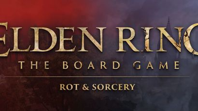 The image features the title "ELDEN RING: THE BOARD GAME" prominently displayed in a bold, metallic font, with the subtitle "ROT & SORCERY" beneath it. The background transitions from deep red to dark purple, evoking a sense of mystery and decay, while subtle textures suggest a fantastical landscape. The overall design reflects the themes of the Elden Ring universe, hinting at adventure and exploration.