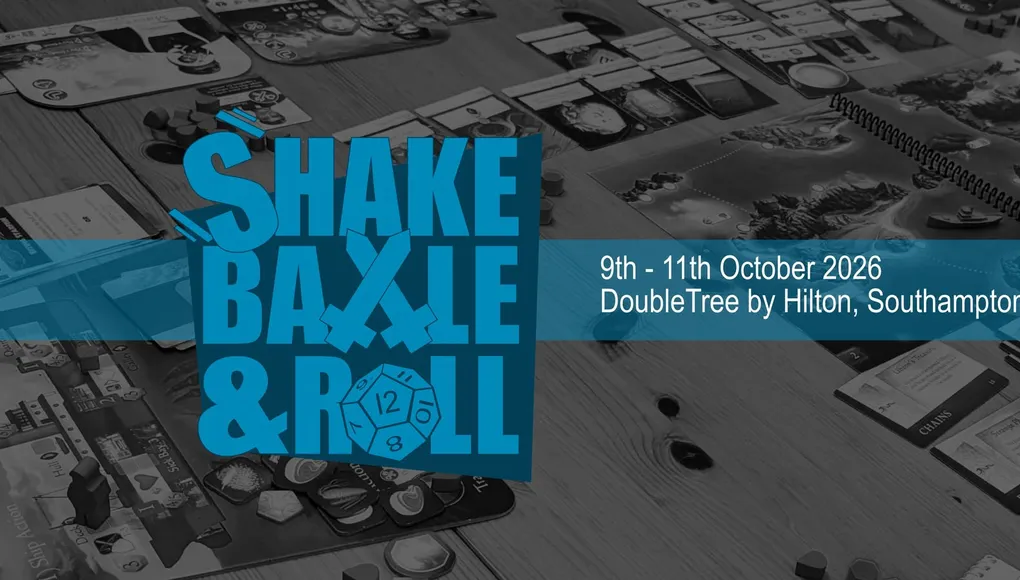 A tabletop gaming scene featuring various board games spread across a wooden table, with game pieces and cards visible. The background includes a map-like game board depicting islands and boats. Overlaying the image is text that reads "9th - 11th October 2026, DoubleTree by Hilton, Southampton."