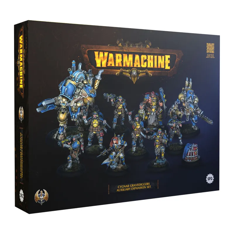 A boxed set titled "Cygnar Gravediggers Auxiliary Expansion Set" features a collection of miniatures from the Warmachine game. The set includes a variety of characters, such as a large character heavy warjack and several elite veteran figures, all adorned in blue and yellow armor with intricate details. The box art showcases the miniatures in dynamic poses, emphasizing their tactical roles within the Gravediggers army.