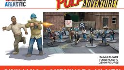 A group of 24 multi-part plastic miniatures representing modern civilians and post-apocalyptic survivors, set against an urban backdrop. The figures include a variety of poses, with some holding weapons and others carrying signs, such as one that reads "RISE UP!" The scene features a mix of clothing styles, showcasing a diverse range of characters suitable for tabletop gaming.