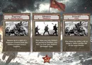 Three vertical cards with a weathered, brick-like border. The first card is titled "Regroup!" in English and Russian ("Перегруппировка!"). It shows a black-and-white photo of soldiers in combat gear advancing through rubble. The second card is titled "Advance" in English and Russian ("Продвигать"). It shows a black-and-white photo of three soldiers with rifles running forward. The third card is titled "Attack!" in English and Russian ("Атака!"). It shows a black-and-white photo of soldiers in action, one aiming a weapon. Each card has descriptive text below the image. In the background, a red flag with a yellow hammer and sickle emblem is waving. Below the cards, a red star with a yellow hammer and sickle emblem is visible. The backdrop appears to be a snowy, war-torn landscape.