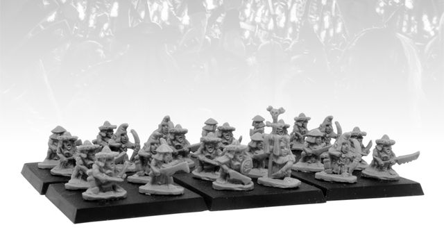 The image features a group of miniature goblins, known as Goblin Rabble, arranged on black bases. These figures are depicted in a variety of poses, showcasing their crude weapons and armor, with some holding spears, swords, and shields. The miniatures are unpainted and made of a light-colored material, emphasizing their detailed sculpting, while a blurred background suggests a chaotic battlefield setting. The logo for "Leviathan: Lords of Havoc" is displayed at the top, indicating the context of the release.