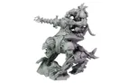 A detailed miniature depicts a Verr-Myn rider mounted on a large, cybernetically enhanced creature. The rider is equipped with a futuristic weapon, showcasing intricate mechanical details and a fierce expression. The creature features a muscular build with clawed limbs and a menacing face, emphasizing its role as a formidable combat mount.