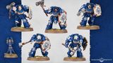 Five Space Marine Assault Terminators are displayed, each wearing iconic blue power armor and equipped with various weapons, including thunder hammers and storm shields. The miniatures feature detailed designs, with some having unique head options and tilting plates adorned with purity seals and badges. The background is a subtle gradient, enhancing the focus on the intricately crafted models.
