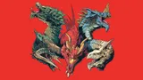 Four stylized dragons face off against each other in mid-air against a solid red background. The dragons vary in color: one is green with sharp, jagged frills along its neck and back; one is blue with a ridged spine and curved horns; one is red with a muscular, almost demonic appearance and glowing yellow-orange eyes; and one is beige with a bony, skeletal structure and pronounced teeth. Their mouths are open, revealing sharp fangs, and their wings are spread wide. No text or other objects are visible.