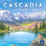 Cover art for board game "Cascadia: Alpine Lakes." Snowy mountain range with alpine lake, wildflowers, evergreen trees, and two polar bears near water.
