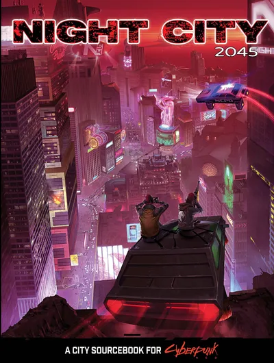 A vibrant, futuristic cityscape of Night City is depicted, showcasing towering skyscrapers adorned with neon lights and holographic advertisements. In the foreground, two figures sit on a rooftop, gazing out over the bustling streets below, where a flying police vehicle zips through the air. The sky is a striking gradient of red and purple, enhancing the cyberpunk atmosphere of the scene.