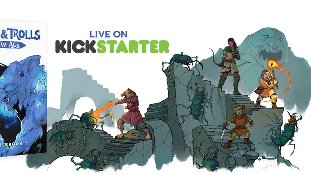 A colorful illustration features a fantasy scene with three characters engaged in a battle against large, menacing spiders. On the left, a humanoid figure with a wolf-like head casts a spell, emitting flames towards a spider. In the center, a character in green attire stands ready with a bow, while on the right, another character, dressed in armor, prepares for combat. The background consists of rocky terrain, enhancing the adventurous atmosphere, with the text "LIVE ON KICKSTARTER" prominently displayed above.