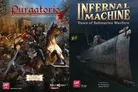 The image features two board game covers side by side. On the left, "Purgatorio: Battles of the Guelphs and Ghibellines 1176-1325" showcases a dramatic scene with armored knights engaged in battle, set against a backdrop of a medieval castle and a cloudy sky. On the right, "Infernal Machine: Dawn of Submarine Warfare" presents a dark underwater scene featuring a submarine, with faint light illuminating the water and hints of a shipwreck in the background. Both covers highlight the historical themes of their respective games.