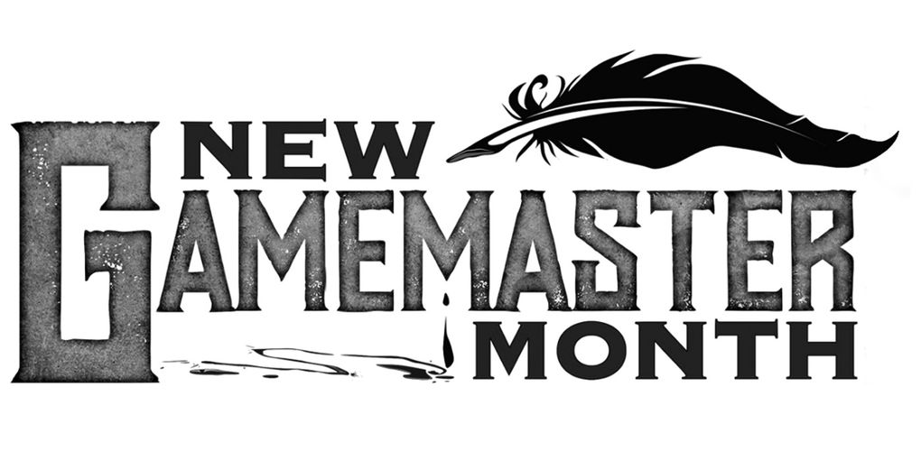 The logo for New Gamemaster Month features the words "NEW GAMEMASTER MONTH" in a bold, stylized font. The word "NEW" is positioned above "GAMEMASTER," with a feather quill graphic integrated into the design, suggesting creativity and storytelling. Below, the word "MONTH" is prominently displayed, with a small ink droplet accentuating the theme of writing and game mastering. The overall color scheme is monochromatic, emphasizing a clean and professional look.