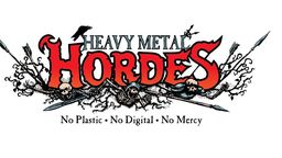 The logo for "Heavy Metal Hordes" features bold, stylized text in red and black, with a dramatic gradient transitioning from orange to red at the top. Surrounding the text are intricate illustrations of skeletal figures and branches, enhancing the old-school fantasy theme. The tagline "No Plastic • No Digital • No Mercy" is prominently displayed beneath the main title, emphasizing the traditional approach of the miniatures.