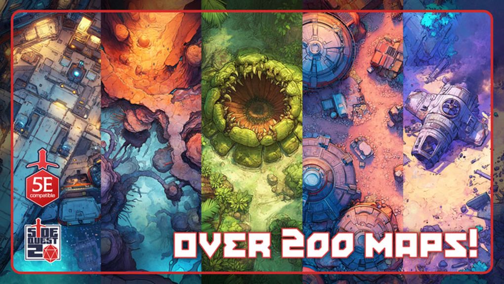 A vibrant collage of sci-fi battle maps showcases a variety of terrains, including a futuristic cityscape, a colorful alien landscape, a dense jungle with a large, menacing creature, and a rocky environment with futuristic structures. The maps are designed for compatibility with 5E roleplaying games, emphasizing their versatility for different gaming scenarios. The text "OVER 200 MAPS" is prominently displayed, highlighting the extensive collection available in the upcoming Kickstarter campaign.