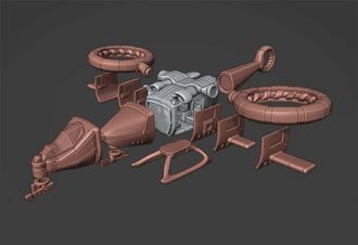 A collection of 3D model components for the LARC 2, a sci-fi utility VTOL, is displayed against a dark background. The parts include a streamlined cockpit, twin anti-grav rotors, and various modular accessories such as hardpoints and stabilizers, showcasing a mix of brown and silver colors. The arrangement highlights the modularity and adaptability of the design, emphasizing its potential for customization in tabletop gaming.