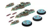 A collection of miniature ships and tokens from the Dystopian Wars game is displayed. The ships feature intricate designs with a turquoise color scheme, showcasing various types including cruisers and smaller vessels. Accompanying the ships are several tokens, including circular bases with water textures and additional markers, enhancing the gameplay experience.