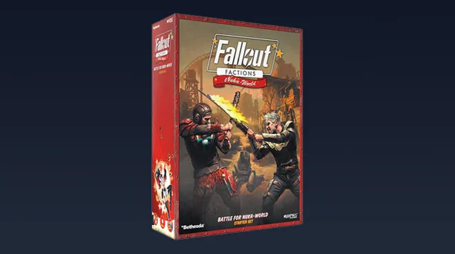 The image features the starter set box for Modiphius' Fallout: Factions skirmish game. The box is predominantly red with the game's title prominently displayed at the top, along with the subtitle "Battle for Nuka-World." The artwork depicts two characters engaged in combat: one wielding a melee weapon and the other aiming a firearm, set against a post-apocalyptic backdrop. The overall design conveys a sense of action and adventure, fitting the game's theme.