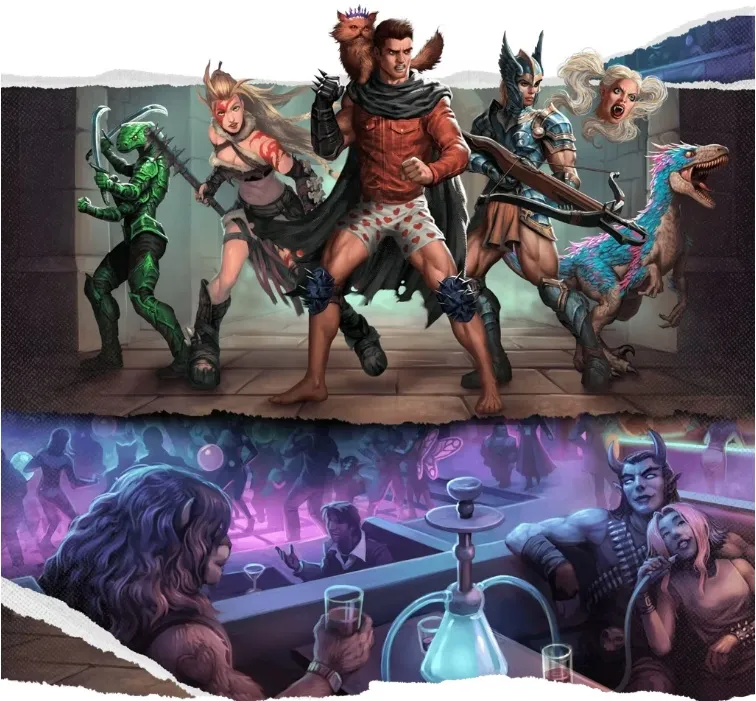 A group of diverse characters stands prominently in the upper section, featuring a muscular man in a red cape and polka-dotted shorts, flanked by a green-skinned warrior, a woman with a fierce expression, and a knight in armor, alongside a colorful dinosaur companion. Below, a vibrant nightlife scene unfolds, showcasing a bar with patrons enjoying drinks, including a figure with long hair and a horned character engaging in conversation, all set against a backdrop of colorful lights and a lively atmosphere. The image captures the blend of fantasy adventure and modern social settings central to the Dungeon Crawler Carl universe.