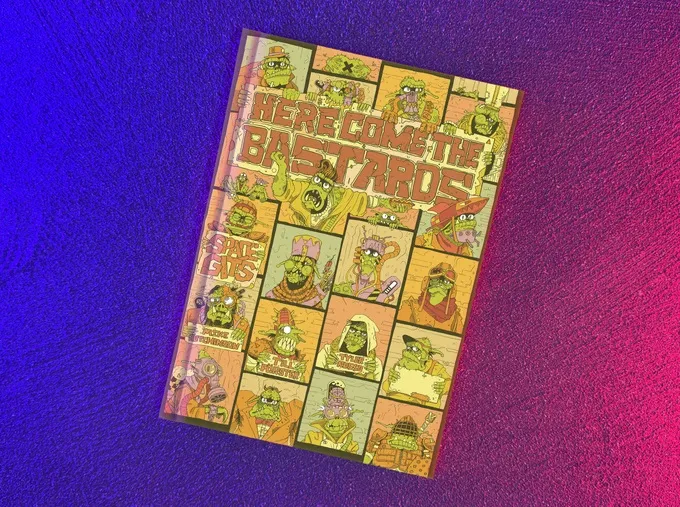 A vibrant hardcover book titled "HERE COME THE BASTARDS" features a colorful, cartoonish design with various illustrations of drunken space orcs in different poses and expressions. The background is a gradient of purple and blue, enhancing the playful and chaotic theme of the game. The title is prominently displayed in bold, stylized lettering, emphasizing the humorous and irreverent nature of the expansion for the dexterity-based miniatures game, Space Gits.