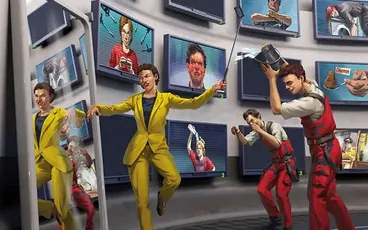 PARANOIA ALGORITHMIC LOYALTY, people in yellow and red suits, screens with faces, selfie stick.