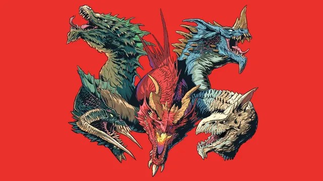 Four stylized dragons face off against each other in mid-air against a solid red background. The dragons vary in color: one is green with sharp, jagged frills along its neck and back; one is blue with a ridged spine and curved horns; one is red with a muscular, almost demonic appearance and glowing yellow-orange eyes; and one is beige with a bony, skeletal structure and pronounced teeth. Their mouths are open, revealing sharp fangs, and their wings are spread wide. No text or other objects are visible.