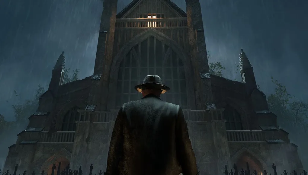 A figure in a dark coat and hat stands with their back to the viewer, facing a large, gothic-style church illuminated by a single light in the upper window. The scene is set in a rainy atmosphere, with droplets visible in the air, and the church is surrounded by a wrought-iron fence, adding to the ominous ambiance. The overall color palette is dark and moody, enhancing the sense of mystery and foreboding.