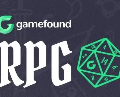 A glowing green 20-sided die with visible numbers and a stylized "G" in the center, set against a dark textured background. Partial white text reading "PR" is visible on the right side.