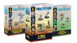 Three boxes of the "Marvel Crisis Protocol Miniatures Game" are displayed. The central box features the "X-Force Affiliation Pack," showcasing miniatures of characters like Cable and Domino, with vibrant colors and dynamic poses. The other two boxes on either side include "Adam Warlock & Moondragon" and "X-23," each adorned with artwork of their respective characters and game branding.