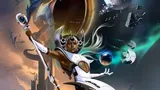 A futuristic warrior in white armor fights a dragon in space, with planets and debris around.