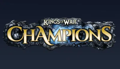 The image features the logo for "Kings of War: Champions," prominently displayed in a bold, stylized font. The word "Champions" is highlighted in a bright yellow color, contrasting against a dark, rocky background that adds a sense of depth and texture. The logo includes the trademark symbol for "Kings of War," indicating its connection to the established game series.