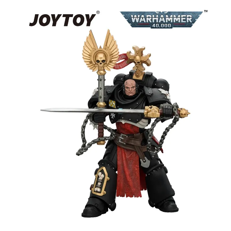 Armored figure in black and red holding a sword and shield, with winged helmet and chain belt.