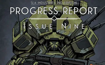 Green armored mech with red accents, holding a large gun labeled "DN". Text above: "PROGRESS REPORT ISSUE NINE".