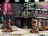 A cyberpunk building with "ALGO" signs, neon Chinese characters, and miniatures outside.