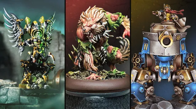 A detailed steampunk miniature of Mortenebra, the Iron Liche, stands prominently on the left, featuring intricate armor with green and gold accents, large metallic wings, and a skeletal visage. On the right, a fierce creature resembling a werewolf is depicted, with a muscular build, wild fur, and a menacing expression, adorned with foliage and sharp claws. Both figures are set against contrasting dark and moody backgrounds, highlighting their unique designs.