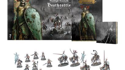 A collection of miniatures and game components from the Soulblight Gravelords Deathrattle Army Set is displayed. In the center, a mounted Wight King stands prominently, surrounded by five Barrow Knights and 20 Barrow Guard figures, all intricately detailed. The set also includes the Battletome: Soulblight Gravelords and a set of warscroll cards, with the packaging featuring dark, atmospheric artwork that complements the undead theme.