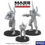 Three unpainted resin miniatures from the Mass Effect universe are displayed on black bases. On the left, a character in a sleek, armored suit holds a weapon, while the center figure, also armored, is posed with a firearm. The right figure features a more bulky design, equipped with a large weapon and additional armor details. All miniatures are in a light gray color, showcasing intricate designs and details typical of the Mass Effect aesthetic. The "MASS EFFECT" logo is prominently featured at the top of the image.