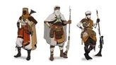 Three characters from the Zarioo roleplaying game are depicted, each showcasing unique attire and weaponry. The character on the left wears a dark cloak with intricate patterns and holds a horn, while the central figure is dressed in layered clothing with a white scarf and carries a rifle. The character on the right is adorned in a mix of brown and orange garments, also wielding a rifle, with a confident stance. Each character reflects the game's blend of steampunk and African-inspired aesthetics.