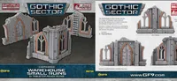 A set of three small warehouse ruins from the Gothic Sector: Castograd terrain pieces, featuring detailed architecture with arched windows and a weathered stone finish. The structures are fully painted and designed for immediate use in tabletop games, showcasing a mix of gray and orange tones. The packaging includes images of the ruins from different angles, emphasizing their intricate design and suitability for 28-35mm scale games.