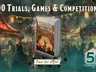 A book titled "100 Trials, Games & Competitions" is prominently displayed in the foreground, featuring a colorful cover illustration depicting a lively competition scene with numerous spectators. The background shows a festive atmosphere with blurred figures and decorations, suggesting a vibrant event. The title and the publisher's name, "Paws for Effect," are artistically integrated into the design, enhancing the overall theme of games and challenges.