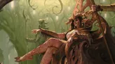 A regal elf-like figure sits on an intricately carved throne made of twisted wood, adorned with natural elements like leaves and vines. She wears a flowing outfit that blends earthy tones with gold accents, and her long hair cascades down her shoulders. The background features a lush, green forest illuminated by soft, glowing orbs, enhancing the mystical atmosphere of the scene.