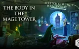 "BODY IN THE MAGE TOWER" and "STRETCH GOAL IS UNLOCKED" in a lab with a skeleton, clock tower, and figures.
