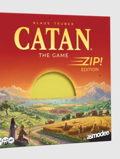 The box for "Catan Zip!" features a vibrant sunset over a pastoral landscape, with rolling hills, fields, and distant mountains. The title "Catan" is prominently displayed at the top in bold yellow letters, with "ZIP! EDITION" beneath it. In the foreground, two characters are depicted, one holding a staff, suggesting a sense of adventure and exploration.