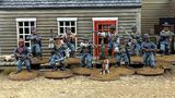 A group of ten detailed 28mm scale miniatures representing dismounted US Cavalry and Buffalo Soldiers stands in front of a wooden building with a red door. The miniatures are posed with various weapons, including rifles and a bugle, showcasing a mix of uniforms and accessories, such as scarves and hats. A small beagle and a cactus are also present among the figures, all mounted on 25mm round bases with a sandy terrain effect.
