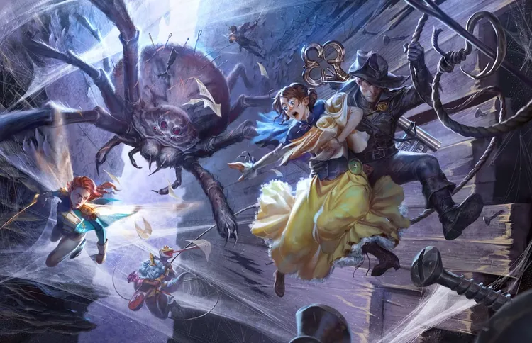 A dynamic scene depicts two adventurous littlings in a dramatic escape from a large, menacing spider with multiple eyes and long legs. One littling, dressed in a yellow gown, is being carried by a heroic figure in a dark coat and hat, while another littling, wearing a blue outfit, throws papers as a distraction. The background features a chaotic environment with scattered objects and a sense of urgency, emphasizing the thrilling atmosphere of their adventure.