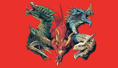 Four stylized dragons face off against each other in mid-air against a solid red background. The dragons vary in color: one is green with sharp, jagged frills along its neck and back; one is blue with a ridged spine and curved horns; one is red with a muscular, almost demonic appearance and glowing yellow-orange eyes; and one is beige with a bony, skeletal structure and pronounced teeth. Their mouths are open, revealing sharp fangs, and their wings are spread wide. No text or other objects are visible.