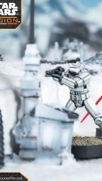 A detailed scene features Darth Vader standing prominently with his red lightsaber drawn, dressed in his iconic black armor and cape. Flanking him are two Stormtroopers, one aiming a blaster, set against a snowy landscape with scattered debris and structures. The miniatures are mounted on circular bases, showcasing their intricate designs and the dynamic pose of the characters.