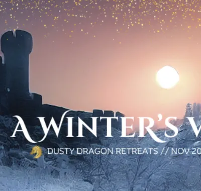 A medieval castle stands against a twilight sky, with a large sun setting behind it, casting a warm glow. The foreground features a snowy landscape, enhancing the atmospheric and magical vibe of the scene. The text "A WINTER'S VEIL" is prominently displayed, along with "DUSTY DRAGON RETREATS // NOV 2026," suggesting an immersive Dungeons & Dragons experience.